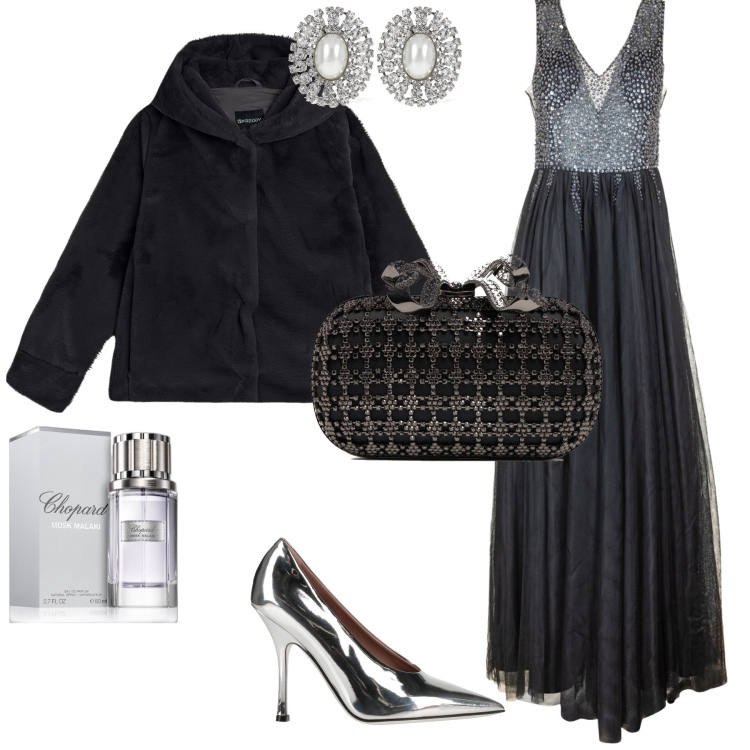 Outfit donna - Total look #2026046. Stile Glamour per Serata fuori. Abbinamento con décolleté, profumi, vestiti lunghi, blazer, orecchini, pochette.
