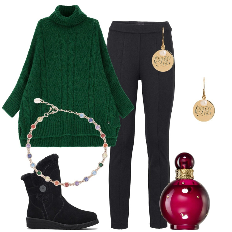 Outfit donna - Il maglione verde. Stile Basic per Tutti i giorni. Abbinamento con stivali, treggings, profumi, braccialetti, maglieria, orecchini.