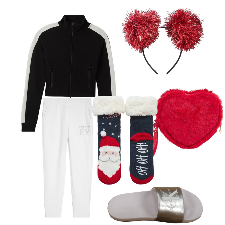 Outfit donna - Tenera sera di Natale. Stile Basic per Tutti i giorni. Abbinamento con felpe, portafogli, cerchietti, calzini, pantaloni, ciabatte.