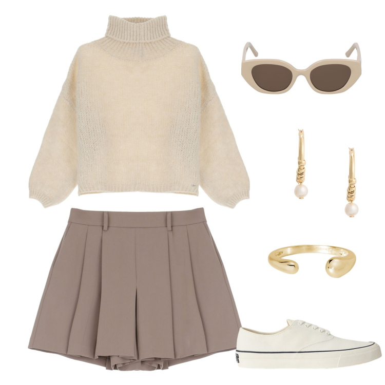 Outfit donna - Università/scuola. Stile Casual chic per Scuola/Università. Abbinamento con anelli, maglieria, gonne, sneakers, orecchini, occhiali da sole.