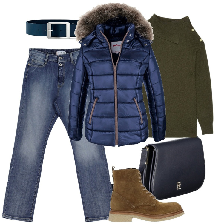 Outfit donna - Verde e blu. Stile Sporty chic per Tutti i giorni. Abbinamento con piumini, cinture, stivaletti, jeans dritti, maglieria, borse a tracolla.