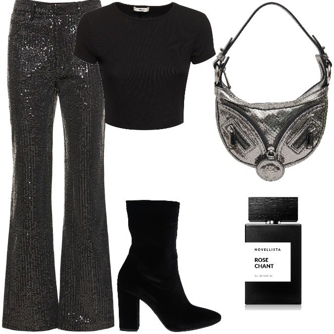 Outfit donna - Total look #2026057. Stile Trendy per Serata fuori. Abbinamento con stivaletti, profumi, pantaloni, t-shirt, borse a spalla.