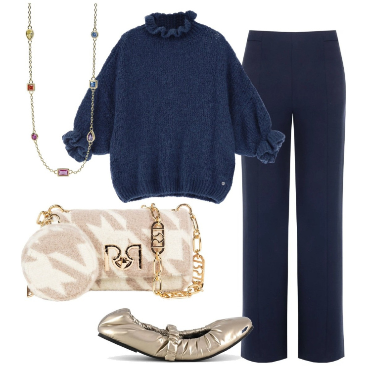 Outfit donna - Chic in ballerine. Stile Chic per Tutti i giorni. Abbinamento con collane, maglieria, pantaloni, borse a tracolla, ballerine.