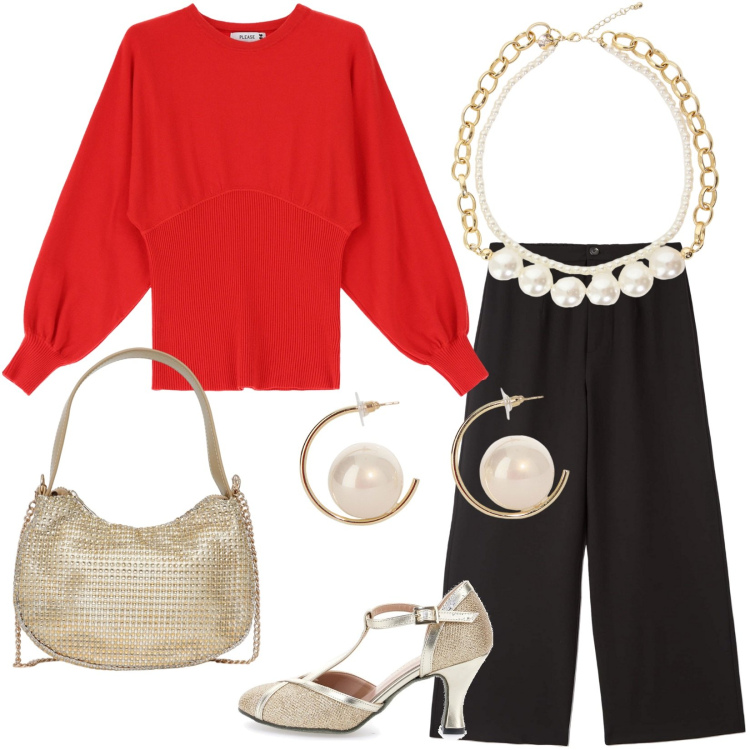 Outfit donna - Dettagli luminosi. Stile Casual chic per Serata fuori. Abbinamento con pantaloni, borse a spalla, maglieria, collane, orecchini, décolleté.