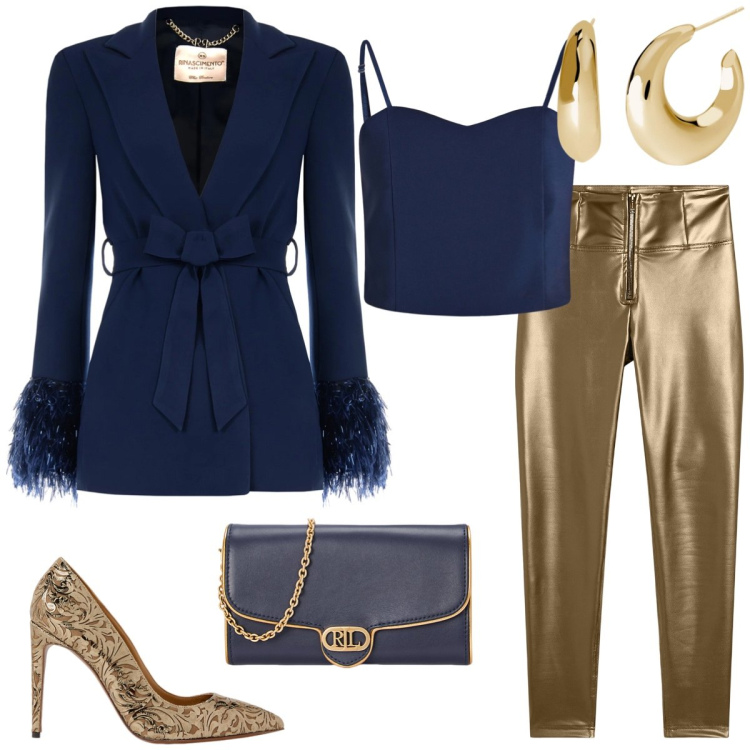 Outfit donna - Total look #2026065. Stile Chic per Serata fuori. Abbinamento con orecchini, blazer, top, pantaloni skinny, borse a tracolla, décolleté.