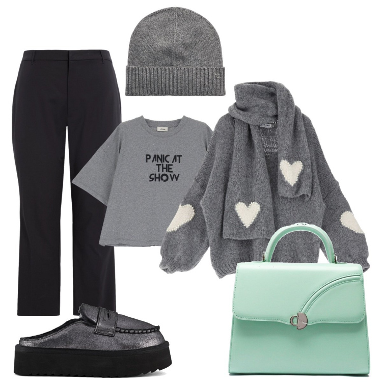 Outfit donna - Caldo layering. Stile Sporty chic per Tutti i giorni. Abbinamento con maglieria, t-shirt, pantaloni, berretti, mocassini, borse a mano.