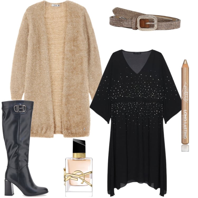 Outfit donna - Per una serata scintillante. Stile Chic per Serata fuori. Abbinamento con ombretti, profumi, cinture, cardigans, vestiti lunghi, stivali.