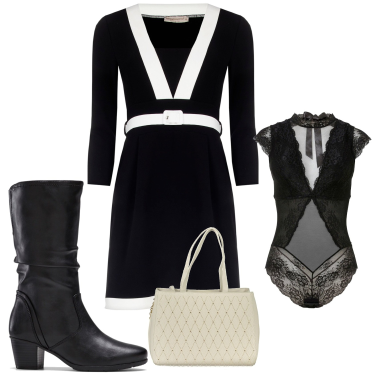 Outfit donna - Natale con Rinascimento. Stile Chic per Serata fuori. Abbinamento con body, stivali, vestiti, borse a spalla.