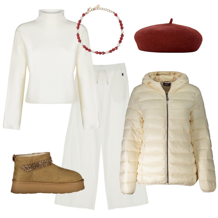 Outfit donna - Red&white. Stile Urban per Tutti i giorni. Abbinamento con braccialetti, pantaloni a palazzo, cappelli e berretti, blazer, stivali, cardigans.