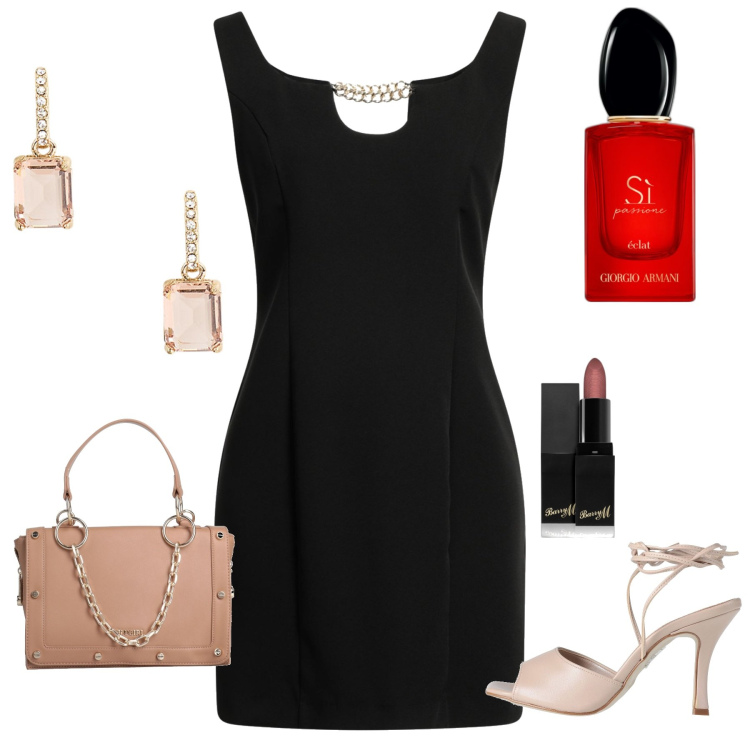 Outfit donna - Sicura di sé. Stile Chic per Serata fuori. Abbinamento con borse a mano, vestiti corti, sandali col tacco, rossetti, profumi, orecchini.