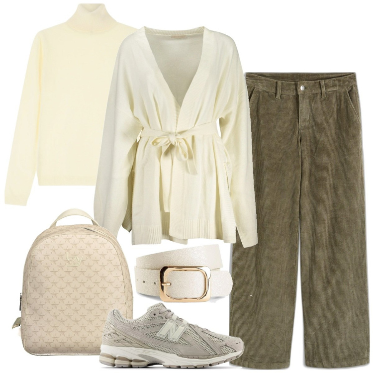 Outfit donna - Total look #2026078. Stile Casual chic per Tutti i giorni. Abbinamento con cinture, pantaloni a palazzo, sneakers, maglieria, cardigans, zaini.