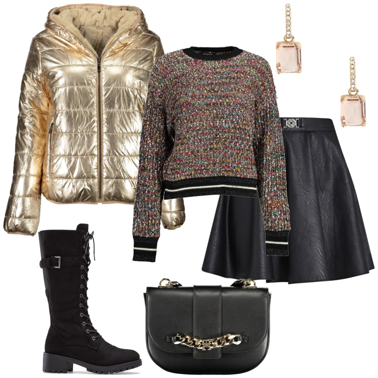 Outfit donna - Total look #2026082. Stile Glamour per Serata fuori. Abbinamento con stivali, minigonne, orecchini, maglieria, borse a tracolla, piumini.