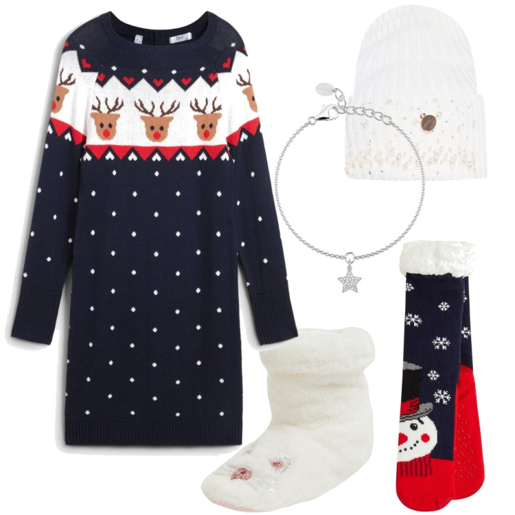 Outfit donna - Merry Christmas!. Stile Casual chic per Tutti i giorni. Abbinamento con vestiti, calzini, pantofole, braccialetti con ciondoli, berretti.