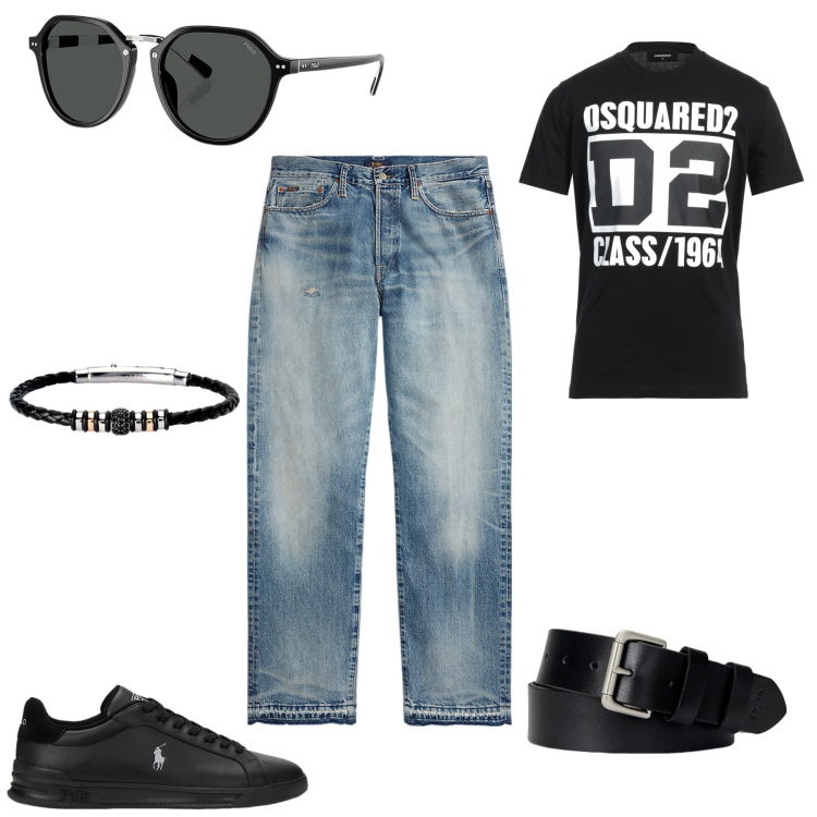 Outfit uomo - YesBoy. Stile Casual Abbinamento con t-shirt, braccialetti, cinture, occhiali da sole, sneakers, jeans dritti.
