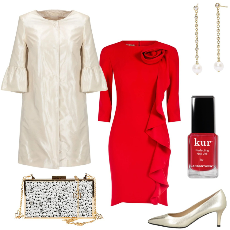 Outfit donna - Abito rosso. Stile Chic per Serata fuori. Abbinamento con trench, décolleté, smalti, orecchini, vestiti a tubino, pochette.