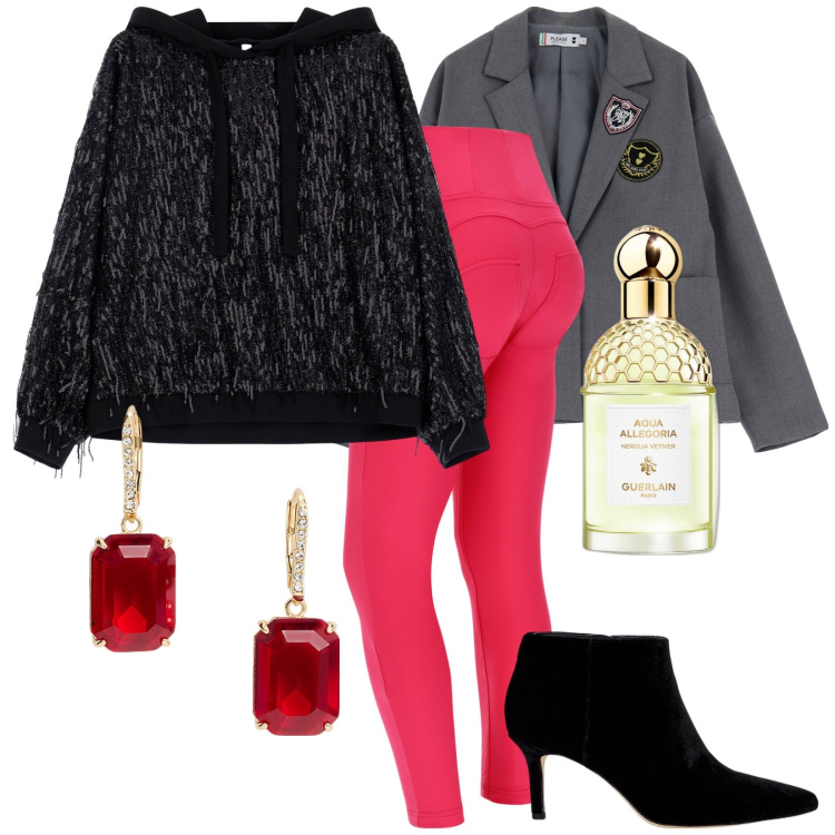 Outfit donna - Rosso ciliegia. Stile Trendy per Tutti i giorni. Abbinamento con profumi, blazer, felpe con cappuccio, pantaloni skinny, stivaletti, orecchini.