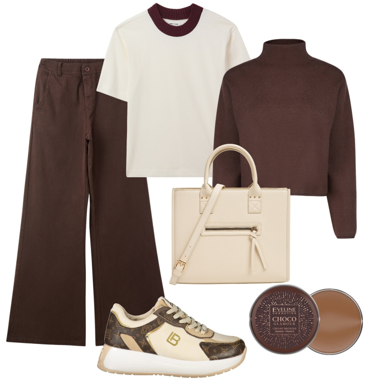 Outfit donna - Easy day. Stile Basic per Tutti i giorni. Abbinamento con terre, pantaloni chino, t-shirt, shopping bag, cardigans, sneakers.