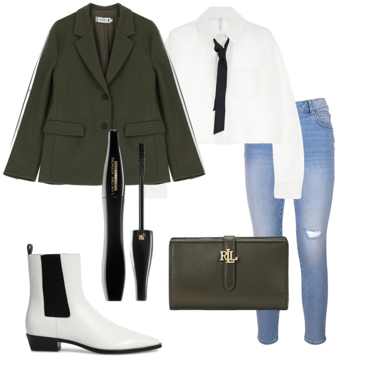 Outfit donna - Total look #2026118. Stile Casual chic per Tutti i giorni. Abbinamento con mascara, jeans skinny, blazer, camicie, portafogli, stivaletti chelsea.
