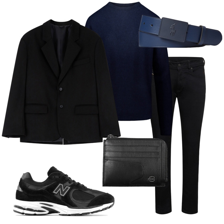 Outfit uomo - Accordi neroblu. Stile Trendy per Tutti i giorni. Abbinamento con sneakers, giacche, cinture, maglieria, portafogli, jeans skinny.
