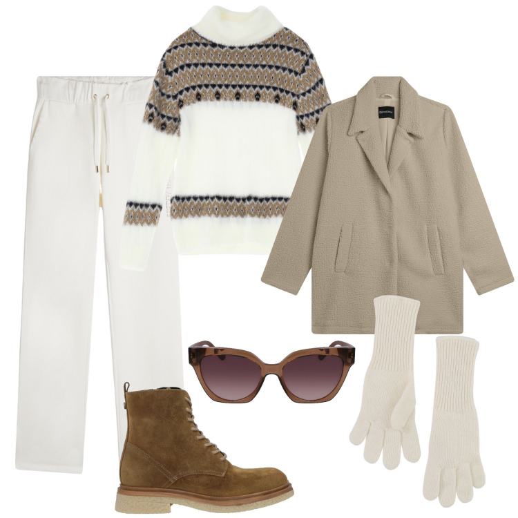 Outfit donna - Giornata in montagna. Stile Casual per Tutti i giorni. Abbinamento con stivaletti, maglieria, guanti, pantaloni, cappotti, occhiali da sole.