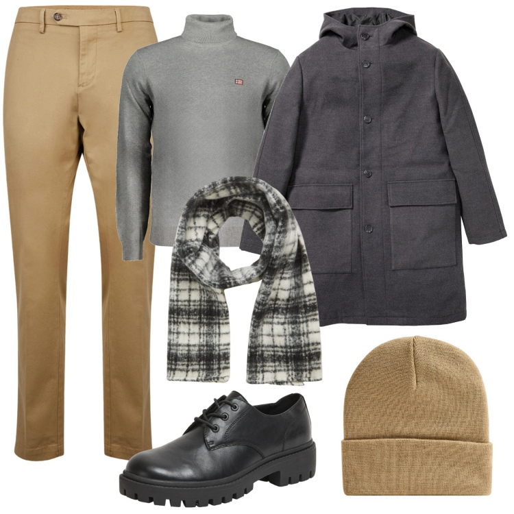 Outfit uomo - Basic style for man. Stile Urban per Tutti i giorni. Abbinamento con cappotti, pantaloni chino, scarpe stringate, sciarpe, berretti, maglieria.