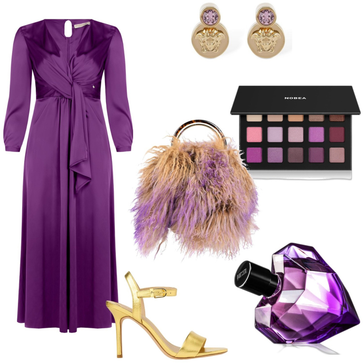 Outfit donna - A teatro. Stile Chic per Serata fuori. Abbinamento con borse a secchiello, profumi, ombretti, vestiti lunghi, sandali in pelle, orecchini.