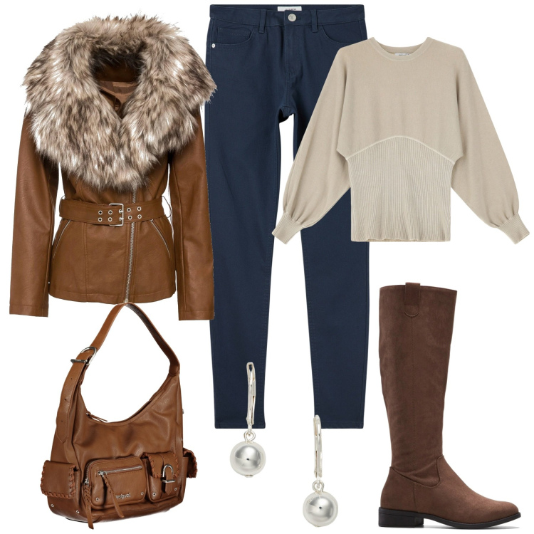 Outfit donna - Santo Stefano. Stile Casual chic per Tutti i giorni. Abbinamento con stivali, blazer, pantaloni skinny, maglieria, orecchini, borse a spalla.