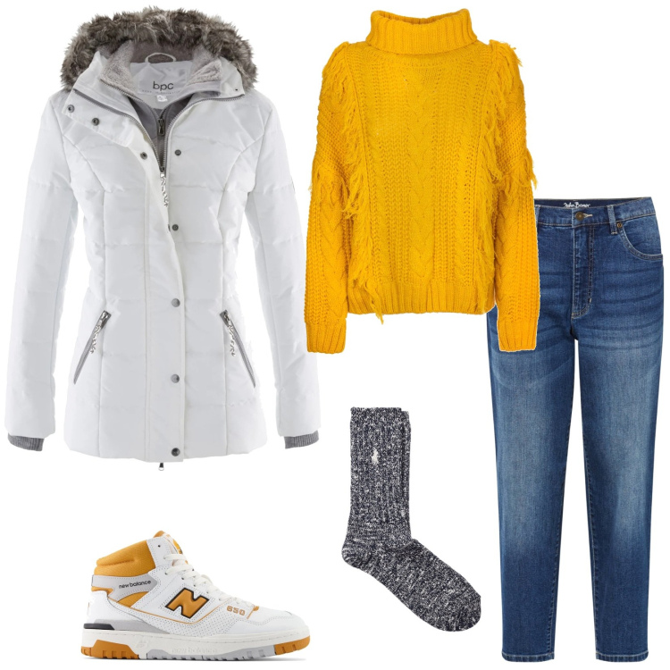 Outfit donna - In vacanza in montagna. Stile Casual per Tutti i giorni. Abbinamento con piumini, jeans mom, sneakers, maglieria, calzini.