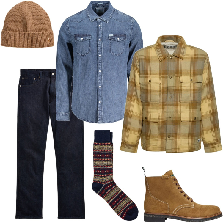 Outfit uomo - Denim in primis. Stile Casual per Tutti i giorni. Abbinamento con jeans dritti, calzini, berretti, stivali, giacche, camicie.