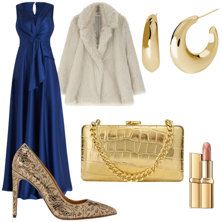 Outfit donna - Dicembre in blu e oro. Stile Chic per Serata fuori. Abbinamento con rossetti, orecchini, vestiti lunghi, ecopellicce, décolleté, clutch.