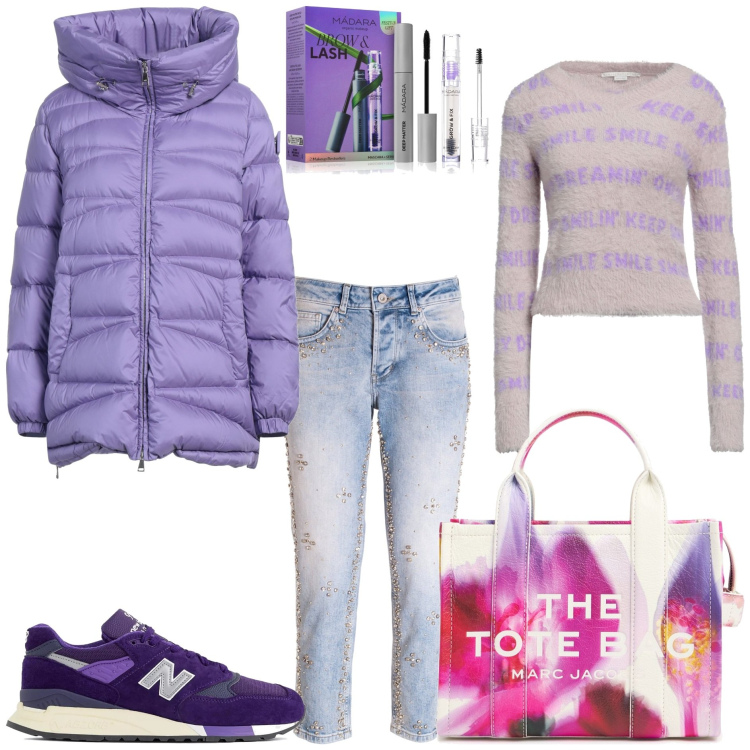 Outfit donna - Inverno casual. Stile Casual per Tutti i giorni. Abbinamento con piumini, pullovers, mascara, sneakers, jeans, shopping bag.