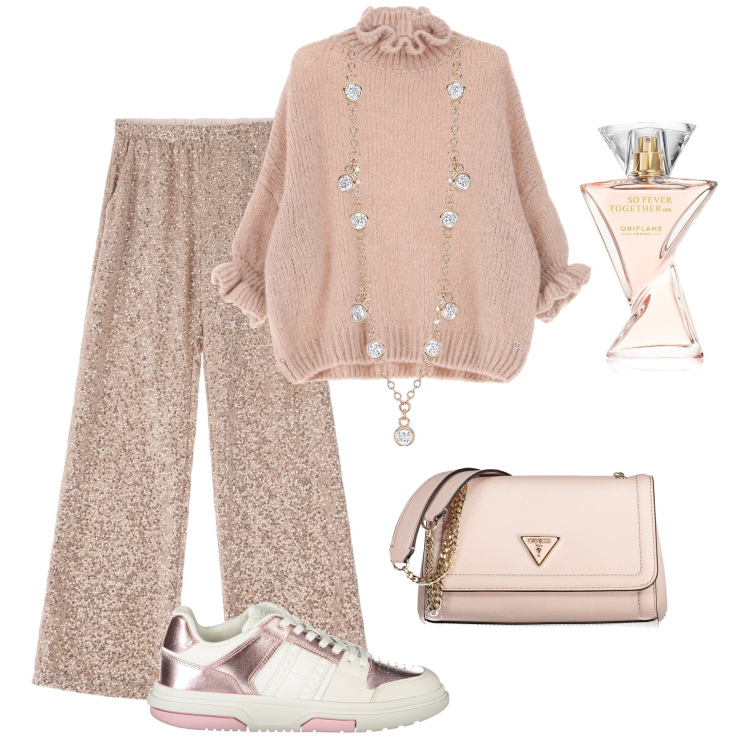 Outfit donna - Brindisi confortevole. Stile Trendy per Serata fuori. Abbinamento con profumi, collane, maglieria, pantaloni a palazzo, sneakers, borse a spalla.