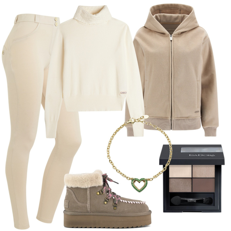 Outfit donna - Momenti di relax. Stile Casual chic per Tutti i giorni. look ideale per Petite. Abbinamento con ombretti, braccialetti, maglieria, pantaloni skinny, blazer, stivaletti.