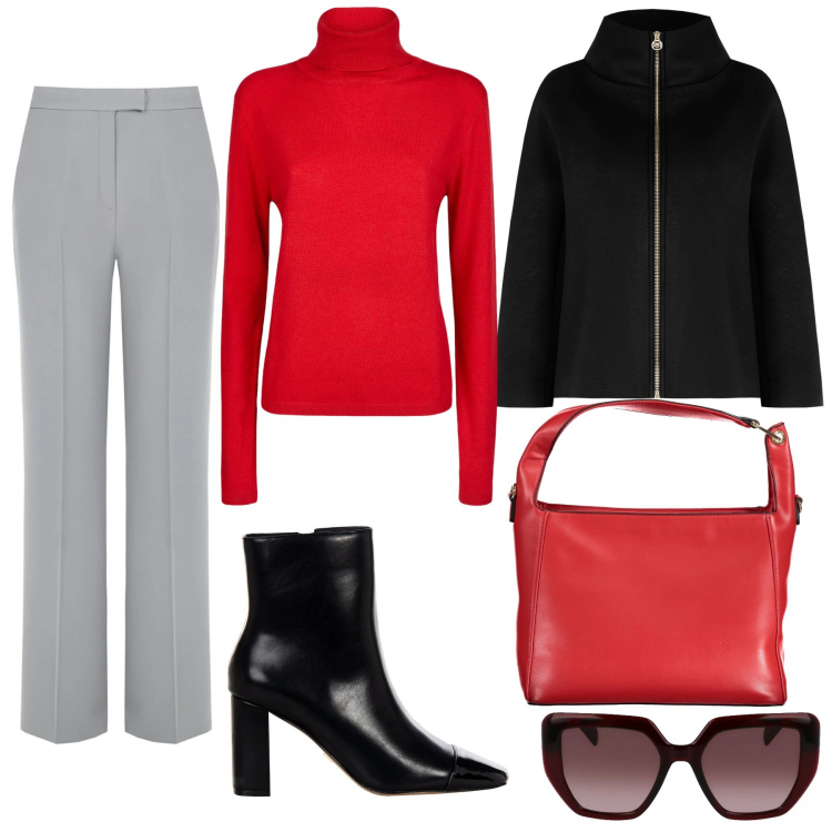 Outfit donna - Rosso a Dicembre. Stile Bon Ton per Ufficio. look ideale per Petite. Abbinamento con pantaloni a palazzo, cappe, stivaletti, maglieria, occhiali da sole, borse a spalla.