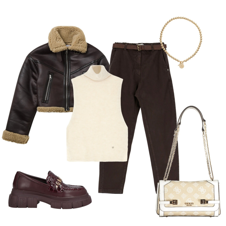 Outfit donna - Sui toni del marrone. Stile Glamour per Tutti i giorni. Abbinamento con mocassini, pantaloni, maglieria, blazer, collane, borse a spalla.