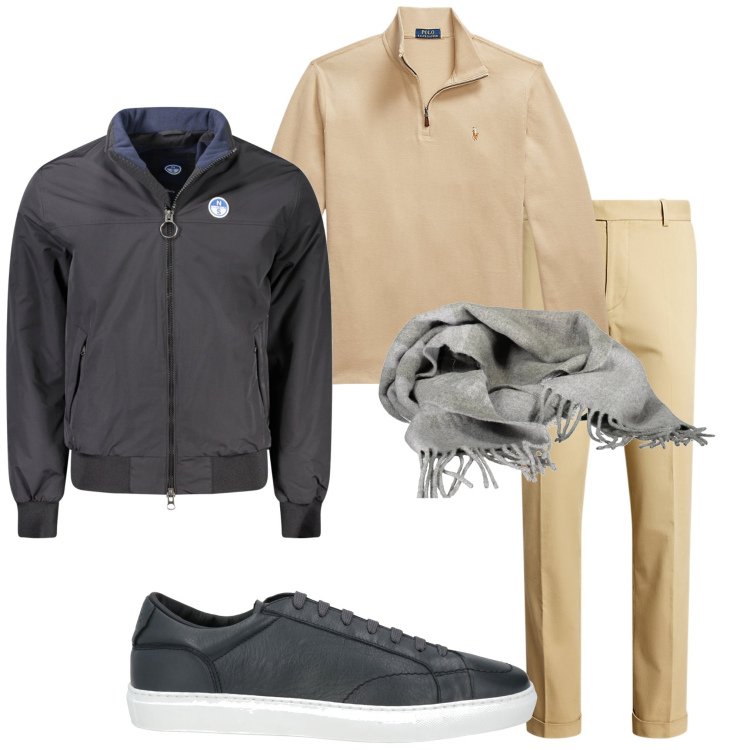 Outfit uomo - Casual chic. Stile Casual per Tutti i giorni. Abbinamento con sneakers, pantaloni chino, pullovers, sciarpe, giacche.