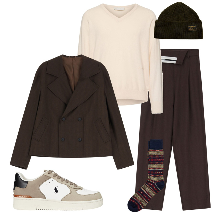 Outfit uomo - Con gli amici. Stile Trendy per Serata speciale. Abbinamento con pantaloni a palazzo, giacche, berretti, calzini, sneakers, pullovers.