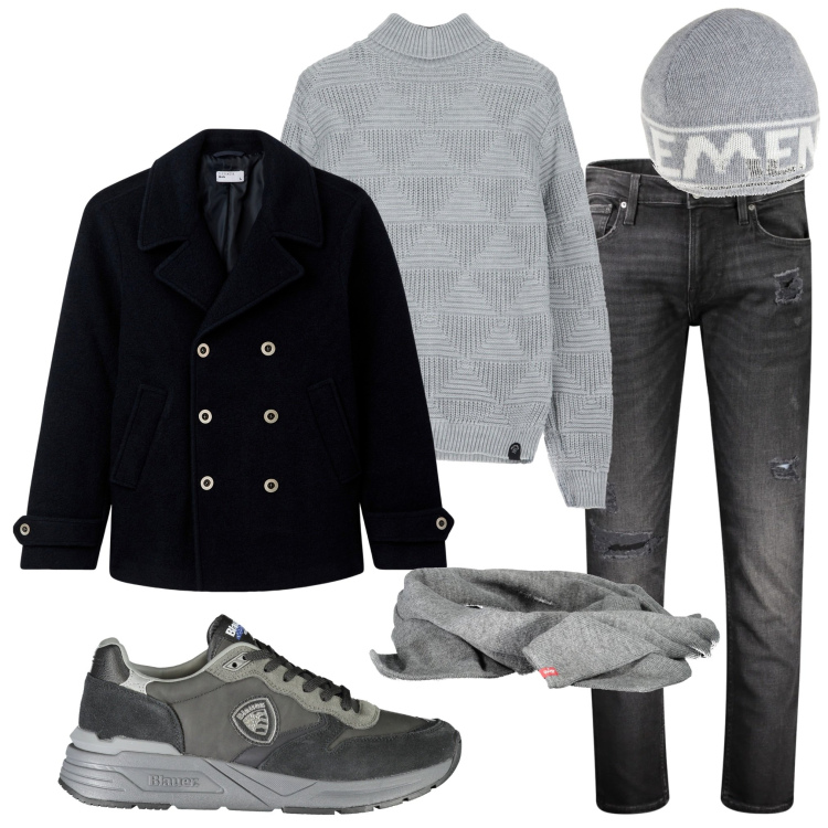 Outfit uomo - In città. Stile Urban per Tutti i giorni. Abbinamento con cappotti, maglieria, sneakers, berretti, sciarpe, jeans strappati.