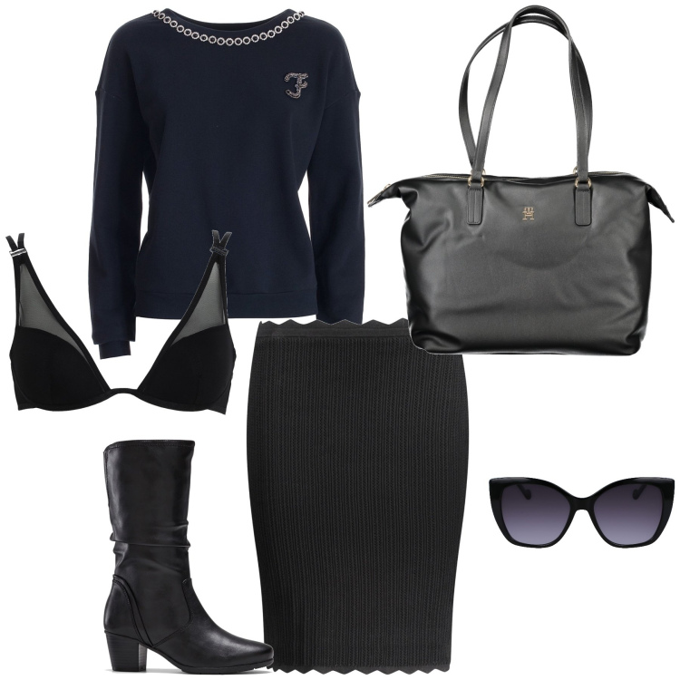 Outfit donna - Santo Stefano al ristorante. Stile Glamour per Serata fuori. Abbinamento con stivali, reggiseni, felpe, gonne longuette, occhiali da sole, borse a spalla.