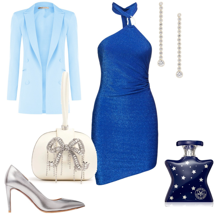 Outfit donna - Serata super glamour. Stile Glamour per Serata fuori. Abbinamento con profumi, blazer, décolleté, orecchini, vestiti, pochette.
