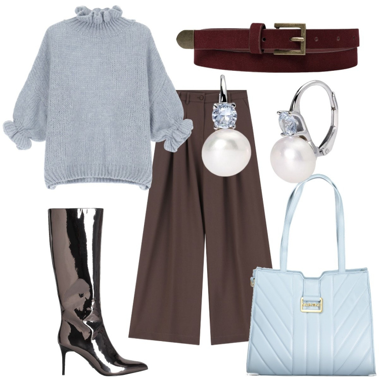 Outfit donna - A new combo. Stile Trendy per Tutti i giorni. Abbinamento con stivali, orecchini, maglieria, pantaloni, cinture, borse a spalla.