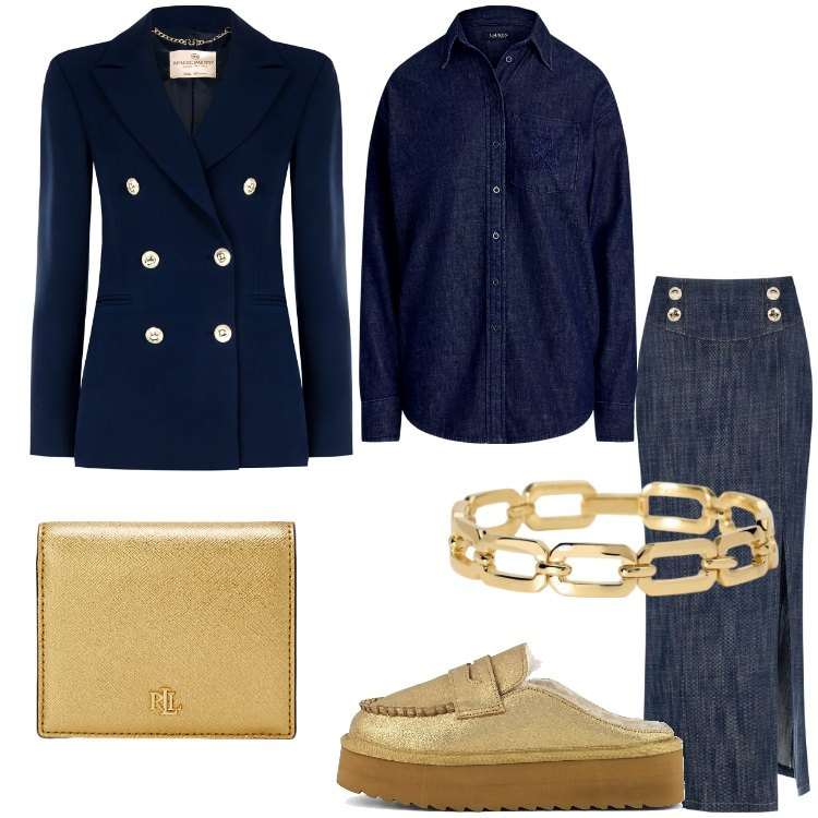 Outfit donna - Dicembre in blu e oro - @antonellal. Stile Trendy per Serata fuori. Abbinamento con braccialetti, blazer, gonne lunghe, camicie, portafogli, mocassini.