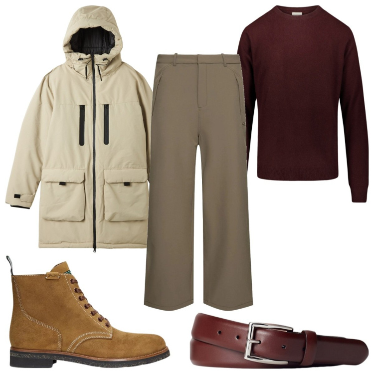 Outfit uomo - Dettagli in pelle : gli stivaletti. Stile Trendy per Tutti i giorni. Abbinamento con parka, cinture, stivali, maglieria, pantaloni.