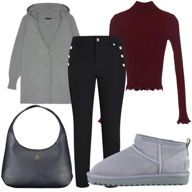 Outfit donna - Il giorno di Santo Stefano. Stile Basic per Tutti i giorni. Abbinamento con pantaloni skinny, maglieria, stivali, borse a spalla, cardigans.