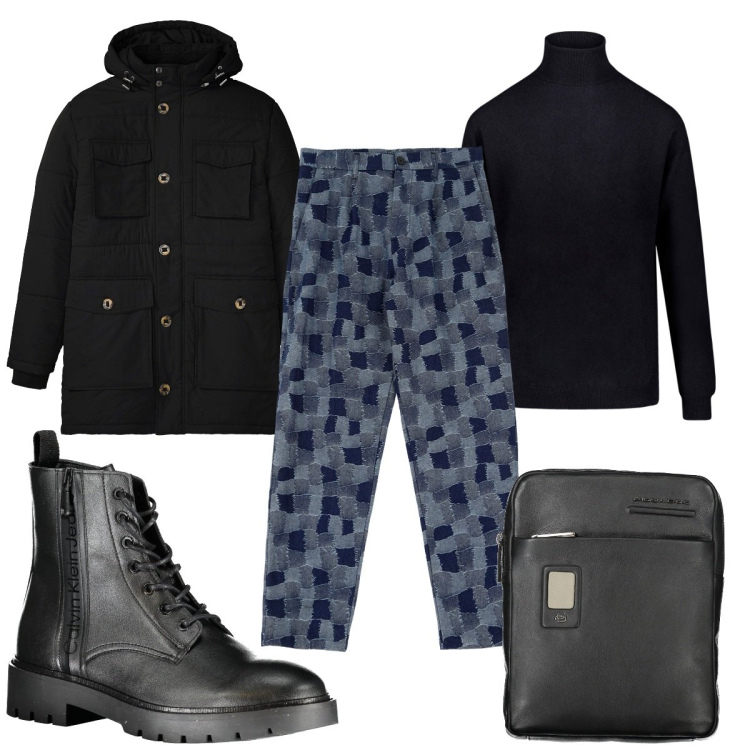 Outfit uomo - Total look #2026285. Stile Trendy per Tutti i giorni. Abbinamento con parka, pantaloni cargo, maglieria, stivali, portafogli.