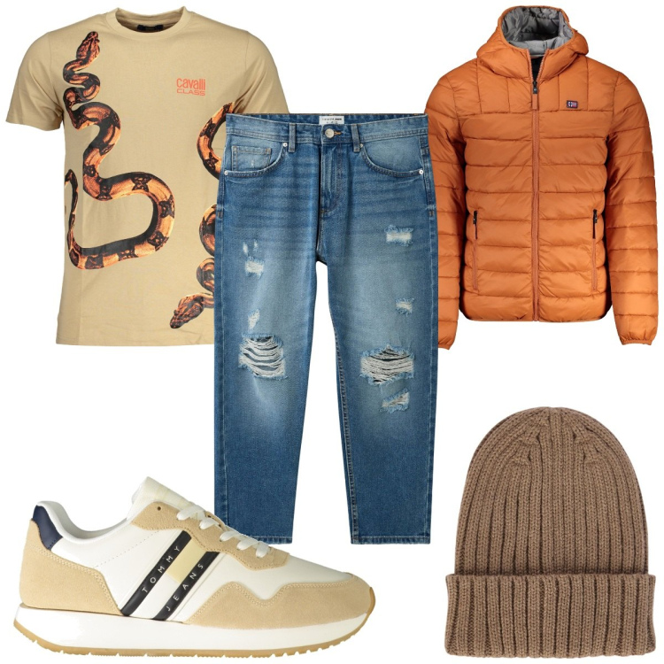 Outfit uomo - Total look #2026293. Stile Trendy per Tutti i giorni. Abbinamento con jeans strappati, berretti, sneakers, giacche, t-shirt.