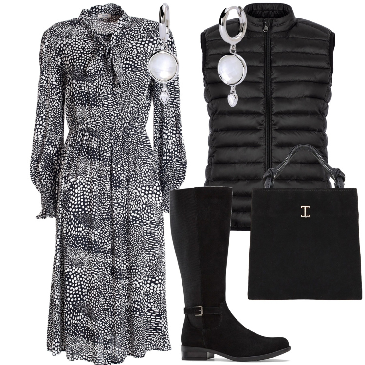 Outfit donna - Ancora pranzo di festa. Stile Urban per Tutti i giorni. Abbinamento con stivali, orecchini, vestiti chemisier, shopping bag, piumini.