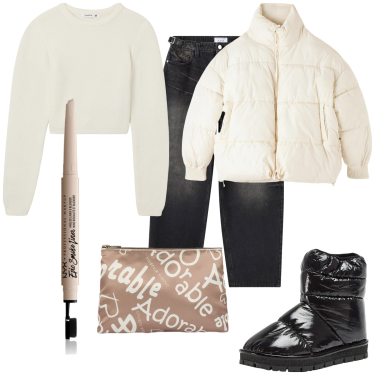 Outfit donna - Lunga durata. Stile Urban per Tutti i giorni. Abbinamento con eyeliner, piumini, stivali da neve, jeans, maglieria, pochette.