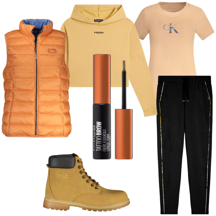Outfit donna - Total look #2026311. Stile Casual per Tutti i giorni. Abbinamento con eyeliner, pantaloni, felpe sportive, blazer, t-shirt, stivali.