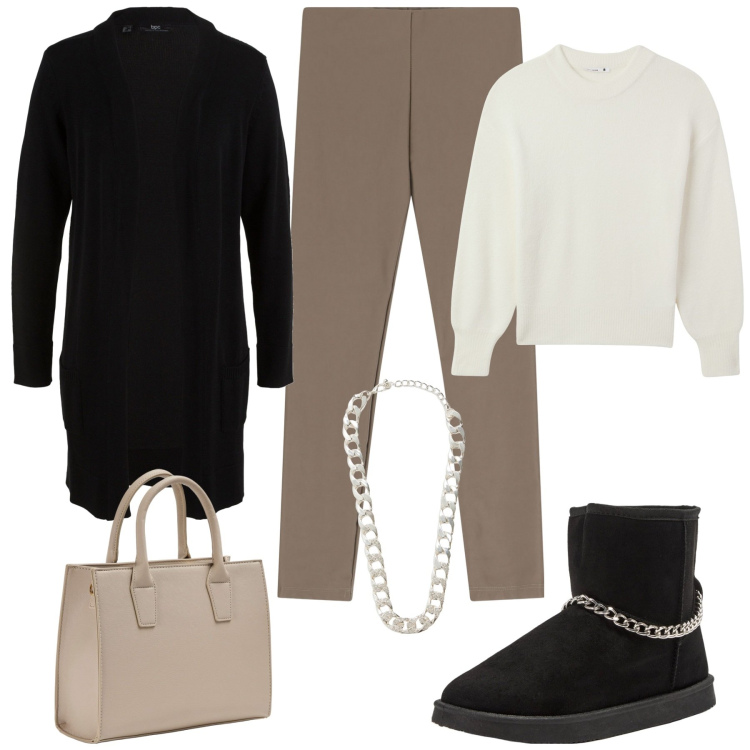 Outfit donna - Comoda. Stile Casual per Tutti i giorni. Abbinamento con cardigans, shopping bag, maglieria, stivaletti, collane, pantaloni skinny.